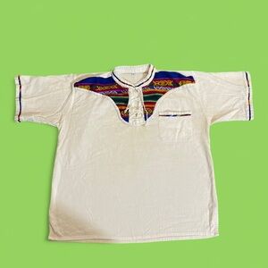 White and Multi-Coloured Embroidered Linen Shirt with Lace-up Front.
